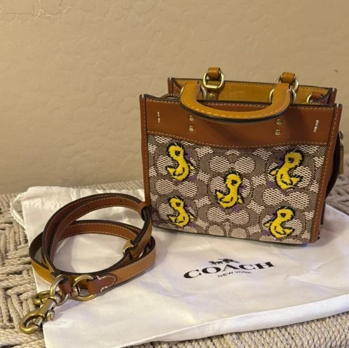 Coach Brown and Yellow Mini Bag with Signature Pattern