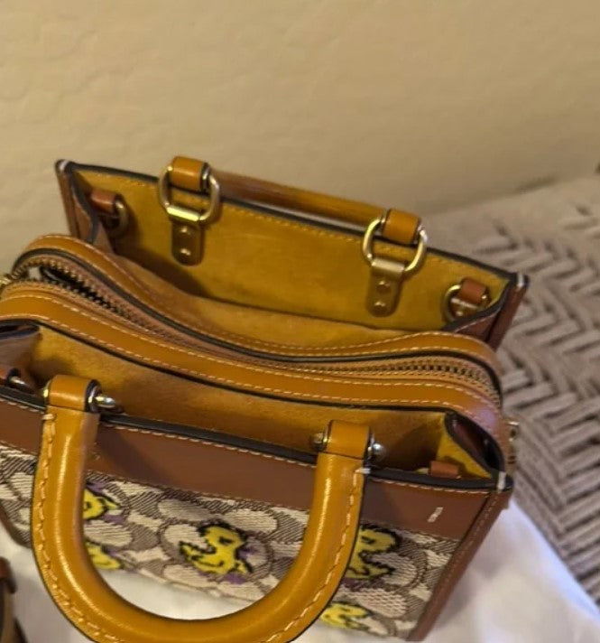 Coach Brown and Yellow Mini Bag with Signature Pattern