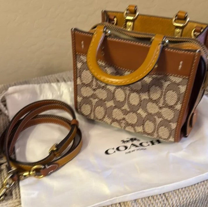 Coach Brown and Yellow Mini Bag with Signature Pattern