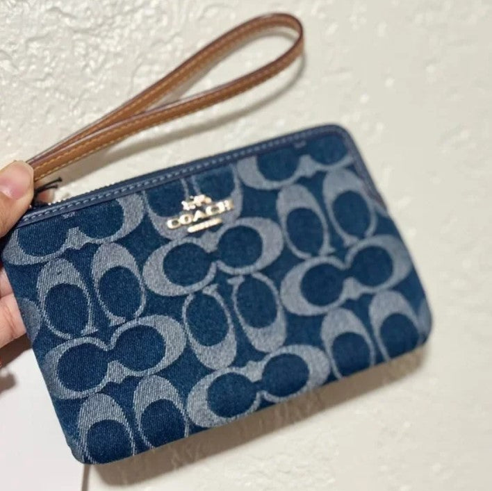 Coach Corner Zip Wristlet In Signature Denim CZ452