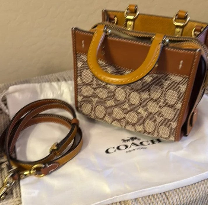 Coach Brown and Yellow Mini Bag with Signature Pattern